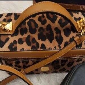 MCM Leopard-Print Mini Satchel with Tan Leather Trim